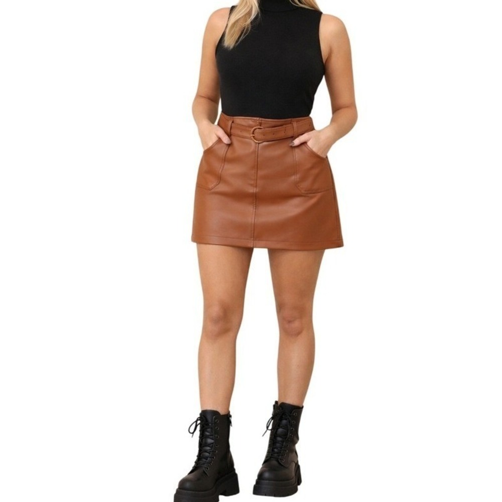 Versona Tan Faux Leather Belted Mini Skirt‎ Women's Size XL NWT